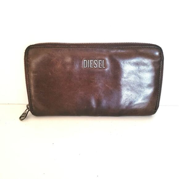 Diesel Brown Pink Leather Large Wallet Clutch Accordion Zip Around Long Logo - Picture 1 of 12